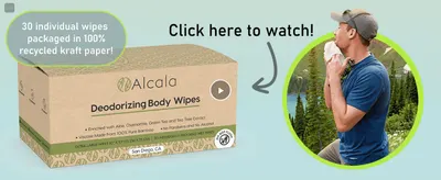 Invites shoppers to watch a video for more detail on the product. Highlights that the wipes are individually packaged in recycled kraft paper for convenience and sustainability.