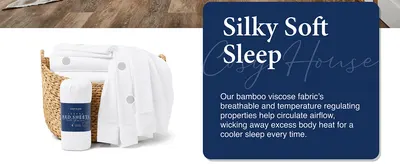 Highlights the bamboo viscose fabric's breathable, temperature-regulating properties to reassure shoppers of a cooler night's sleep.