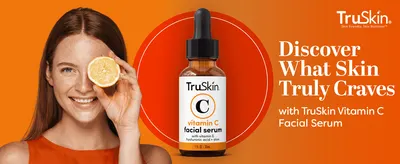 Introduces TruSkin Vitamin C Serum with a bright lifestyle hero and brand logo to set a fresh, skin-friendly tone.