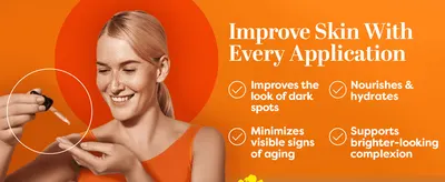 Lists four skin benefits next to a woman applying the serum, so shoppers picture the results they will get.