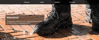 Shows the boot shedding water on wet brick to prove the waterproof membrane keeps feet dry in demanding conditions.
