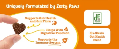 Highlights three distinct health benefits of the treat's formulation with labeled callouts and ingredient badges to build efficacy trust.