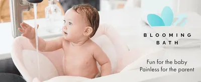 Introduces the Blooming Bath brand and its friendly positioning to build shopper recognition and trust. Reinforces that bath time is enjoyable for the baby and hassle-free for the parent.