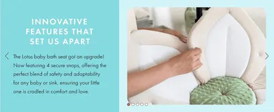 Explains the upgraded 4-snap design that improves safety and adaptability across babies and sink sizes.