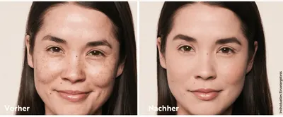 Shows a visible skin transformation to prove the product's effectiveness at reducing visible imperfections.