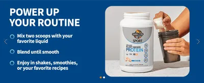 Explains in three simple steps how to prepare the protein so shoppers see it is easy to use. Shows the product being scooped into a shaker to reinforce a simple routine.