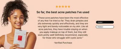 Builds trust with a five-star verified customer quote about how well the patches drain pimples and stay unnoticed.