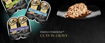 Showcases the Perfect Portions Cuts in Gravy product line across flavor variants alongside an appetizing plated shot to reinforce the product name and gourmet quality.