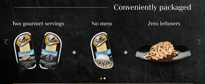 Highlights three distinct convenience benefits (gourmet servings, no mess, zero leftovers) in a segmented panel layout to reassure shoppers about ease of use.