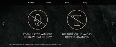 Reassures shoppers the food is free from corn, wheat, soy, and artificial flavors or preservatives. Presents two distinct formulation claims side by side in a clean segmented layout.