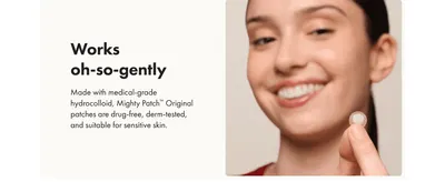 Reassures shoppers the patch is drug-free, derm-tested and suitable for sensitive skin. Communicates that the medical-grade hydrocolloid material works gently…