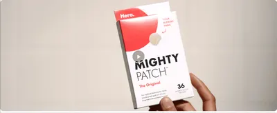 Introduces the Hero brand and Mighty Patch product with a clickable video, building brand recognition before detailing features.