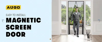 Leads with the easy-to-install magnetic screen door in a lifestyle scene, reassuring shoppers it is simple to set up. Signals that installation is quick and simple for the buyer.