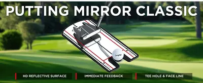 Introduces the putting mirror and highlights three core benefits side by side to build shopper interest quickly.