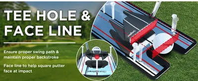 Points to two specific alignment features on the mirror to show how each helps the golfer maintain proper swing path and square the putter face. Highlights two distinct benefits of the product's…