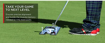 Shows the mirror in real use to communicate that it builds muscle memory for more accurate putting.