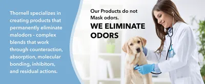 Establishes brand credibility by explaining the science behind Thornell's odor-elimination formulas. Differentiates the product by claiming it eliminates odors rather than simply masking them.