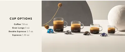 Shows the range of cup sizes and capsule types available, helping shoppers see the personalization options within the Nespresso Vertuo system. Lists exact ounce capacities for each cup option so…