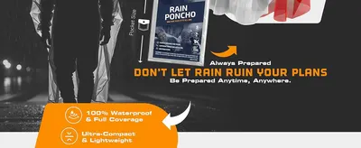Introduces the poncho with a rain-ready visual and highlights two core benefits to reassure shoppers it will keep them dry without bulk.
