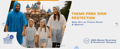 Shows a family staying dry at a theme park to reassure shoppers the poncho works for family outings, backed by a USA-based support badge.