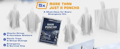 Positions the poncho as versatile beyond weather protection, useful for charity events, family outings, and emergency preparedness.