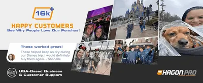 Builds trust by showing a large happy-customer count and a direct customer quote praising the product's performance. Uses real customer photos from various trips to prove the poncho performs in…