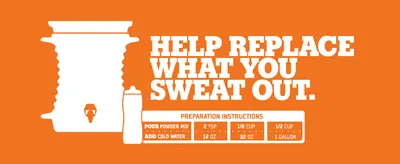 Shows shoppers exactly how to mix the powder with water at three different serving sizes. Communicates that the drink helps replace electrolytes and fluids lost through sweat.
