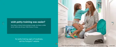 Reassures parents that letting the child choose makes potty training easier, paired with a warm lifestyle photo of mother and daughter.