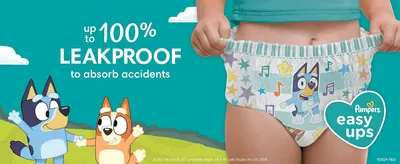 Reassures parents that the training pants absorb accidents effectively, backed by an up to 100% leakproof claim.