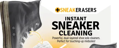 Introduces the SneakERASERS brand and its instant sole-cleaning promise, so shoppers see what the product does straight away.