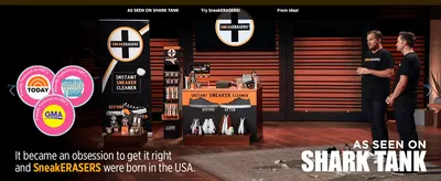 Shows Shark Tank, Today and GMA features to build credibility and trust in the brand. Tells the origin story and USA-made claim to build an emotional connection with shoppers.
