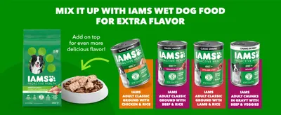 Introduces the brand's wet food variants as a complementary product line to the dry food. Suggests adding wet food on top of the dry kibble for extra flavor, guiding how to use the products together.