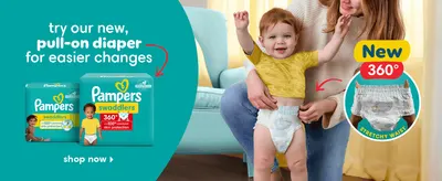 Presents the new pull-on diaper next to the Swaddlers line, so parents know an easier-change option exists. Highlights the 360 stretchy waist to show that changes are quicker and easier.