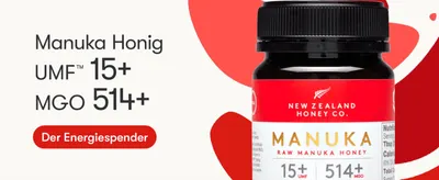 Leads with the product's UMF 15+ and MGO 514+ potency numbers to signal a high-grade, credible manuka honey. Positions the honey as an energy source ('Der Energiespender') in one clean hero scene.