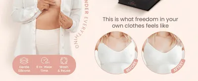 Shows a visual before/after comparison to prove the covers create a smooth, invisible look under clothing. Summarizes three key benefits (gentle silicone, 8-hour wear, washable/reusable) in a…