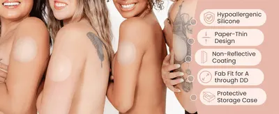 Highlights five distinct product benefits (material, thinness, coating, fit range, storage case) in a segmented callout list over a lifestyle photo.