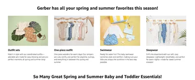 Showcases the brand's spring/summer product categories (outfit sets, one-piece, swimwear, sleepwear) so shoppers can explore the full range.