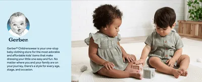 Introduces Gerber Childrenswear as a one-stop, affordable baby clothing brand for every age and stage. Shows two toddlers in Gerber outfits playing together to build an emotional, real-life…