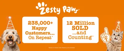 Builds trust by showing the brand's customer base and sales volume, reassuring shoppers that many pet owners buy again. Uses big numbers (235,000+ customers, 12 million sold) as proof of popularity.