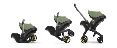 Shows the product's three physical states side by side to demonstrate how easily it converts from car seat to stroller.