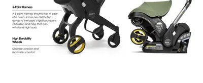 Points out the harness and wheel components up close to demonstrate build quality and crash-safety engineering. Highlights two distinct durability and safety benefits side by side to reinforce the…