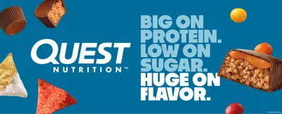Builds brand recognition with a bold protein, sugar and flavor tagline around the Quest product range.