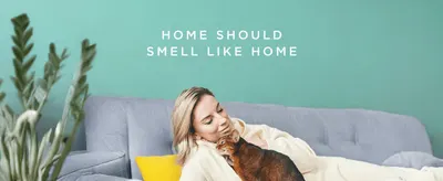 Uses a warm lifestyle scene with a pet to position the product around the emotional benefit of a home that feels and smells right.