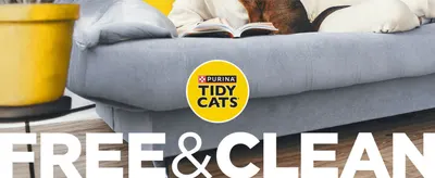 Introduces the Tidy Cats Free & Clean product line with a lifestyle hero banner and centered brand logo.