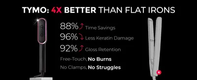 Positions the styling brush as better than flat irons, with stats and a crossed-out flat iron. Uses bold percentage stats for time savings, less damage and gloss retention to prove results.