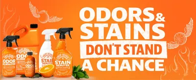 Presents the full Angry Orange range of odor and stain products under one bold promise. Reassures shoppers the range beats both pet odors and stains.