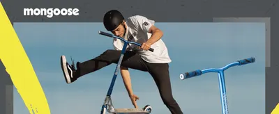 Shows a rider doing a trick to build excitement and show what the scooter is made for. Puts the Mongoose name on an action scene to build brand trust with young riders.
