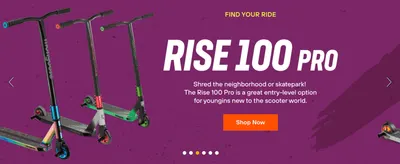 Presents the Rise 100 Pro among the brand's scooter range and positions it as an easy entry point for new riders.