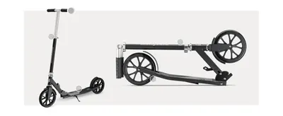 Points out the key physical components of the scooter, including its folding joint and wheels, to show build quality.