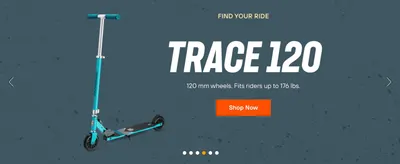 Introduces the Trace 120 model and reassures shoppers it fits riders up to 176 lbs with 120mm wheels.